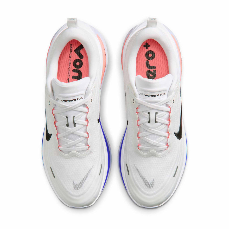 The uppers of a pair of Nike Men's Vomero Plus Road Running Shoes in the White/Black-Atomic Pink-Racer Blue colourway.