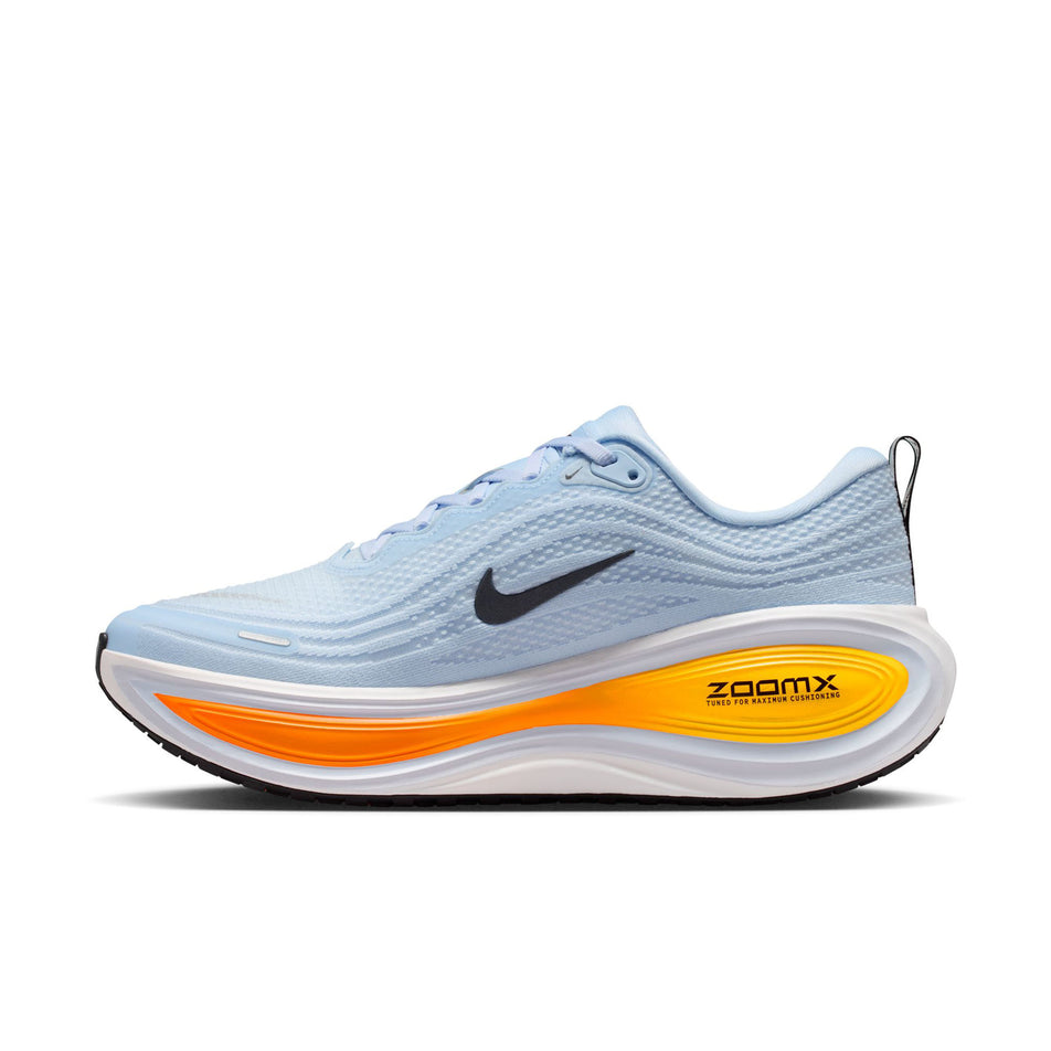 Medial view of the right shoe from a pair of Nike Men's Vomero Plus Road Running Shoes in the Hydrogen Blue/Black-White-Total Orange colourway.