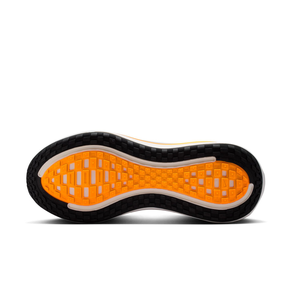 The outsole of the left shoe from a pair of Nike Men's Vomero Plus Road Running Shoes in the Hydrogen Blue/Black-White-Total Orange colourway.