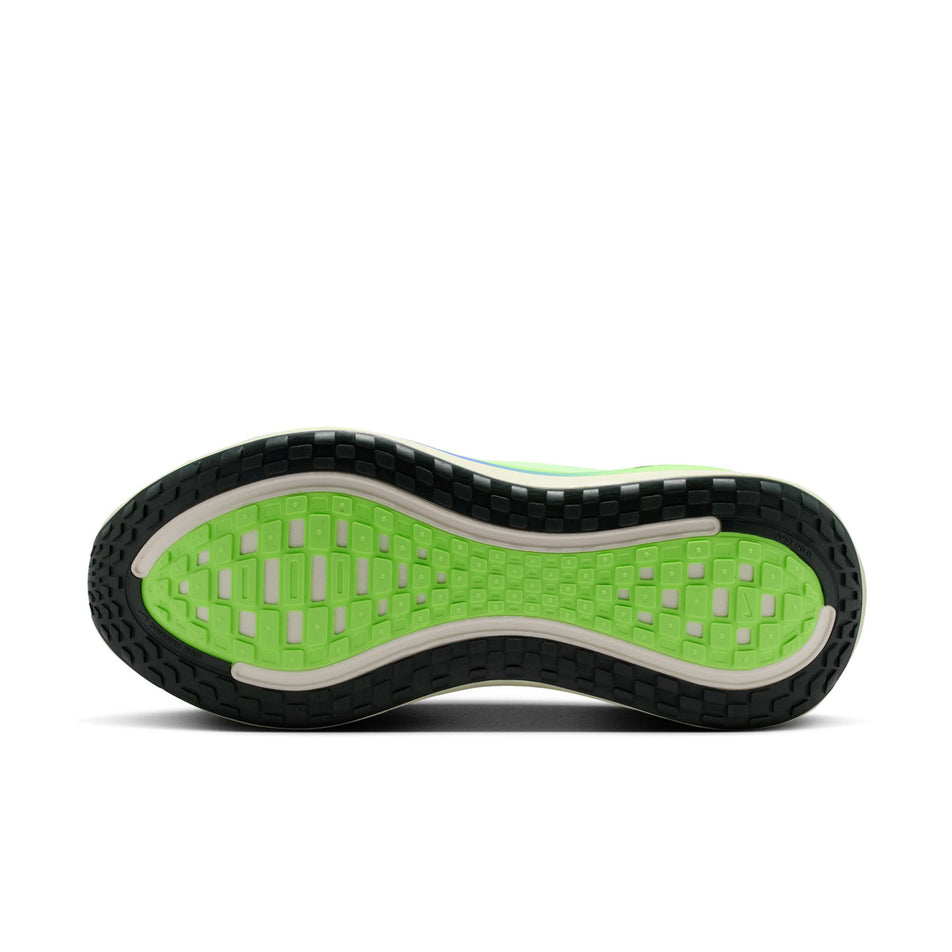 The outsole of the left shoe from a pair of Nike Men's Vomero Plus Road Running Shoes in the Volt Tint/Black Spruce-Lime Blast colourway.