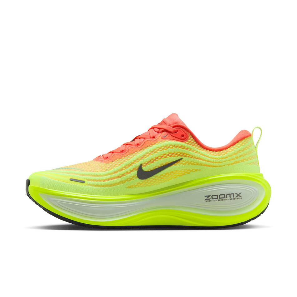 Medial view of the right shoe from a pair of Nike Men's Vomero Plus Road Running Shoes in the Bright Mango/Metallic Dark Grey Volt colourway. (8723707166882)
