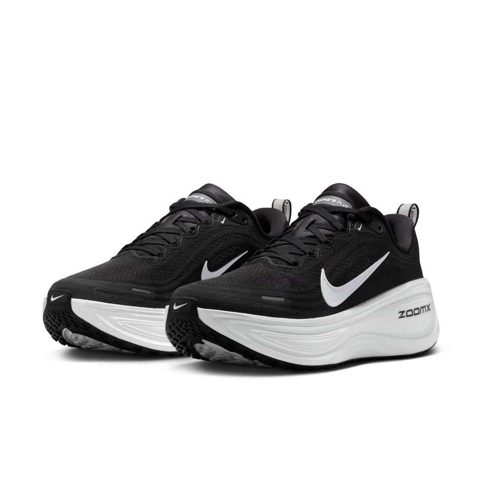 A pair of Nike Women's Vomero Plus Road Running Shoes in the Black/White-Cool Grey Metallic Dark Grey colourway. (8725322170530)