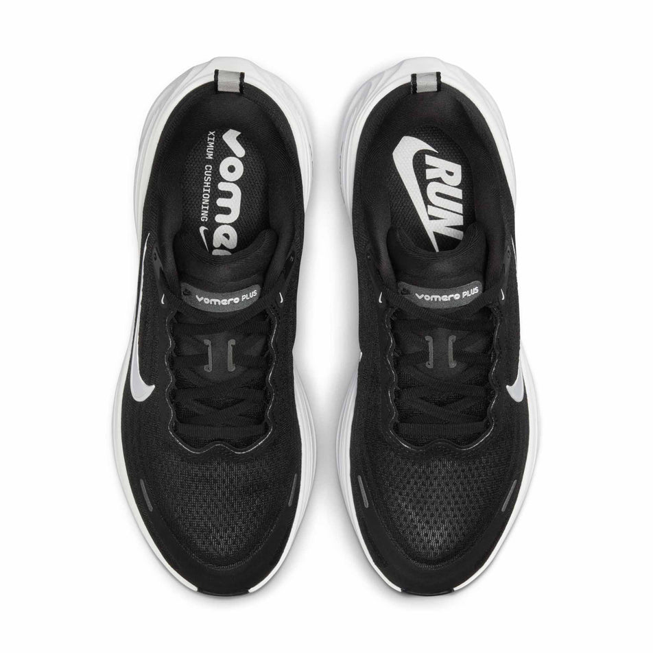 The uppers of a pair of Nike Women's Vomero Plus Road Running Shoes in the Black/White-Cool Grey Metallic Dark Grey colourway. (8725322170530)