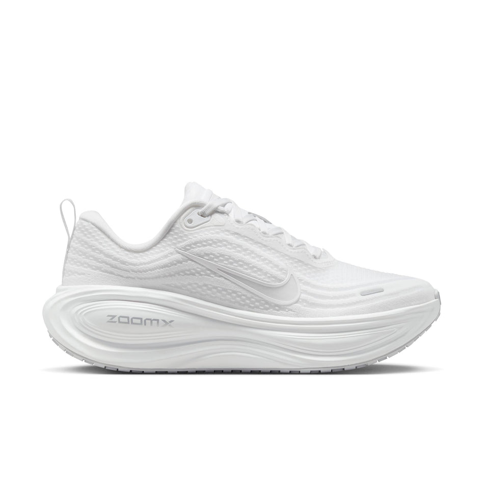 Lateral view of the right shoe from a pair of Nike Women's Vomero Plus Road Running Shoes in the White/Summit White-Photon Dust colourway. (8756158660770)