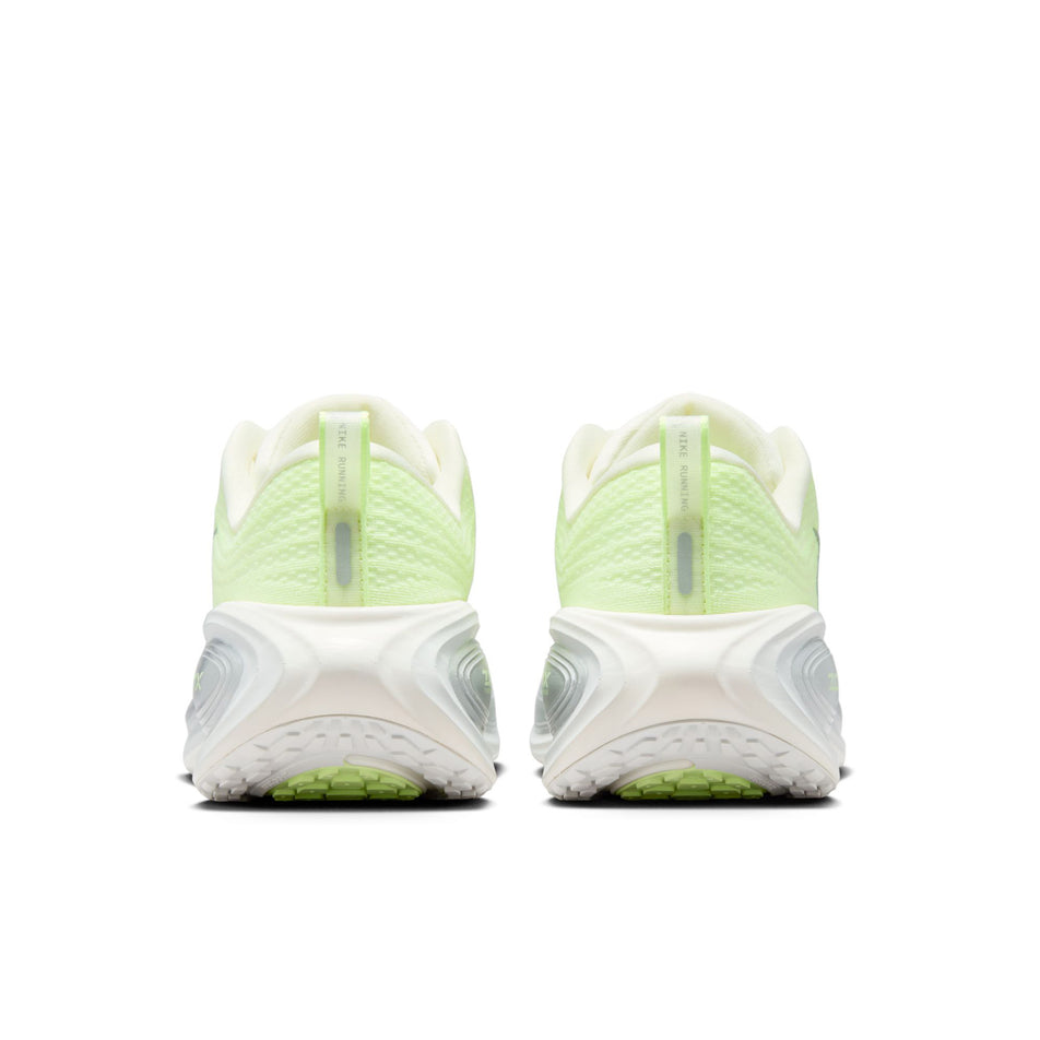 The back of a pair of Nike Women's Vomero Plus Road Running Shoes in the Sail/Metallic Silver-Barely Volt colourway. (8725325480098)