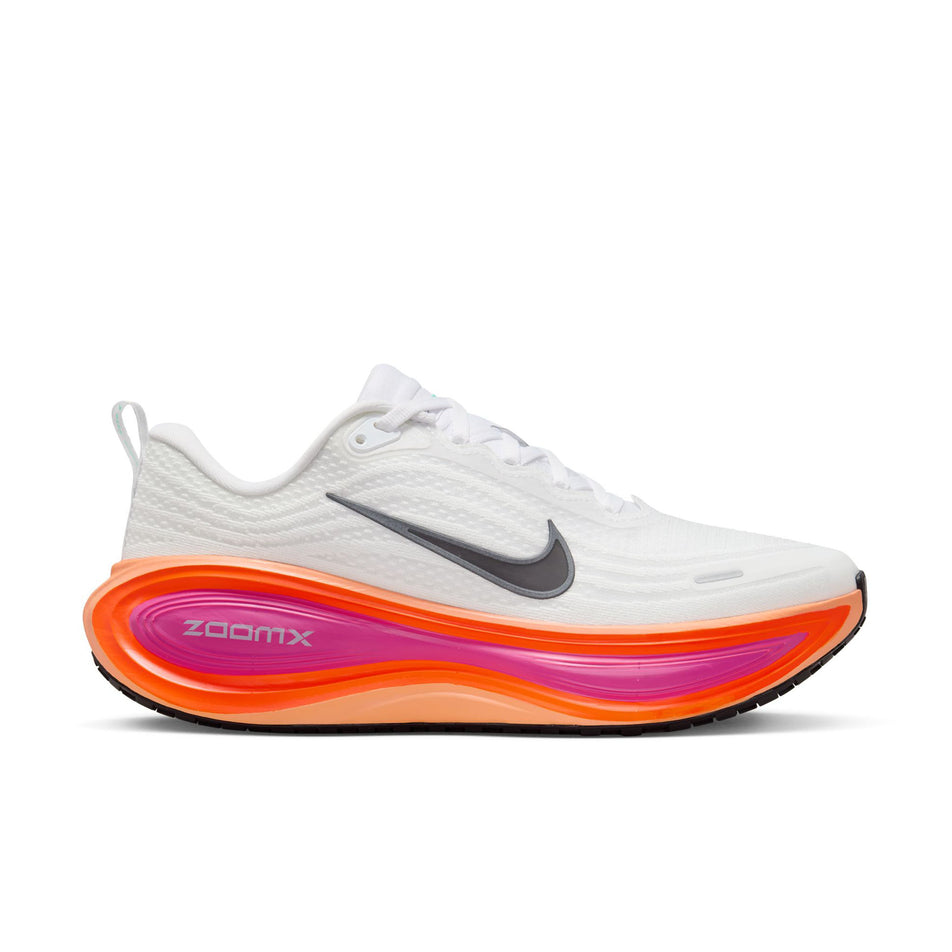 Lateral view of the right shoe from a pair of Nike Women's Vomero Plus Road Running Shoes in the White/Black-Fire Pink-Hyper Crimson colourway. (8756160888994)
