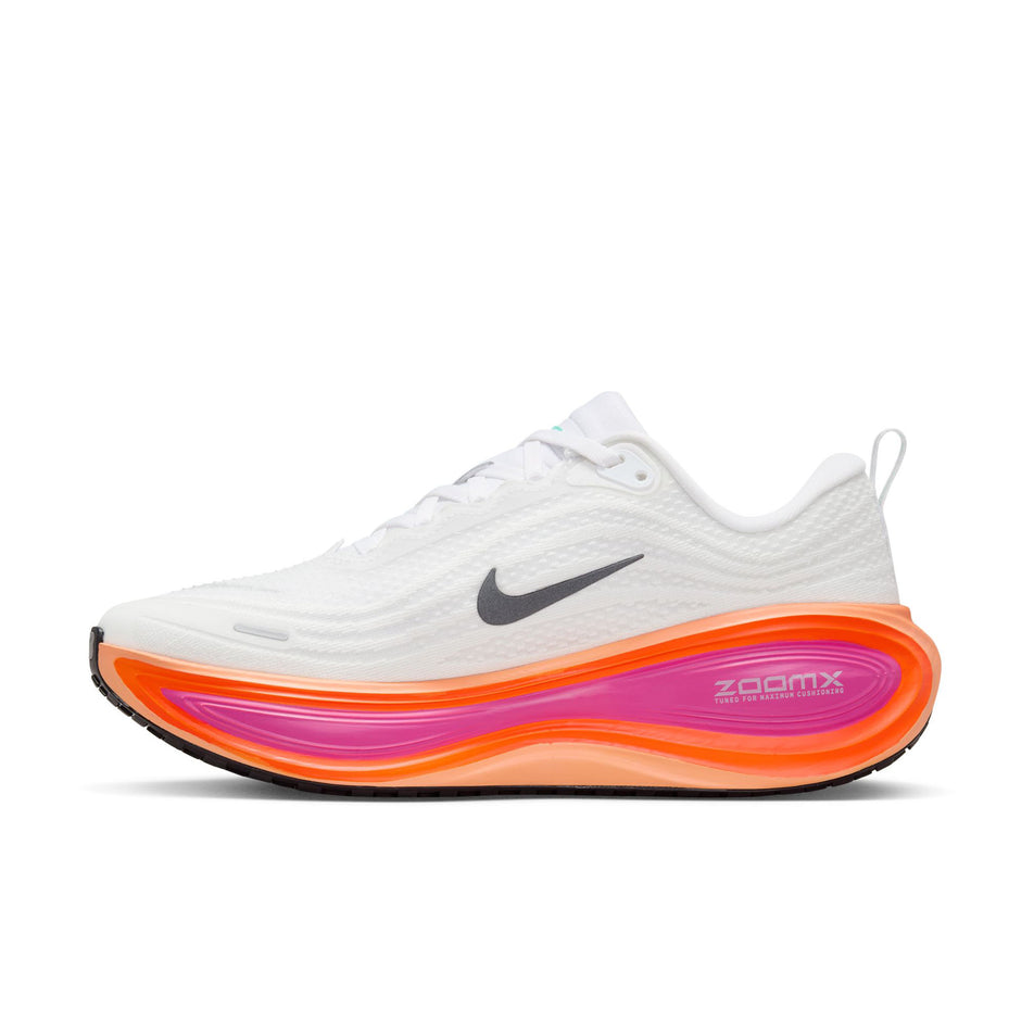 Medial view of the right shoe from a pair of Nike Women's Vomero Plus Road Running Shoes in the White/Black-Fire Pink-Hyper Crimson colourway. (8756160888994)
