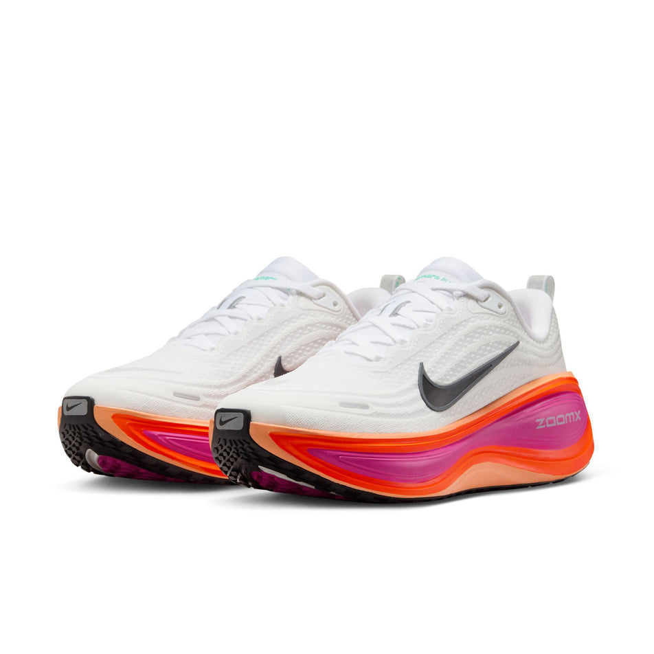 A pair of Nike Women's Vomero Plus Road Running Shoes in the White/Black-Fire Pink-Hyper Crimson colourway. (8756160888994)