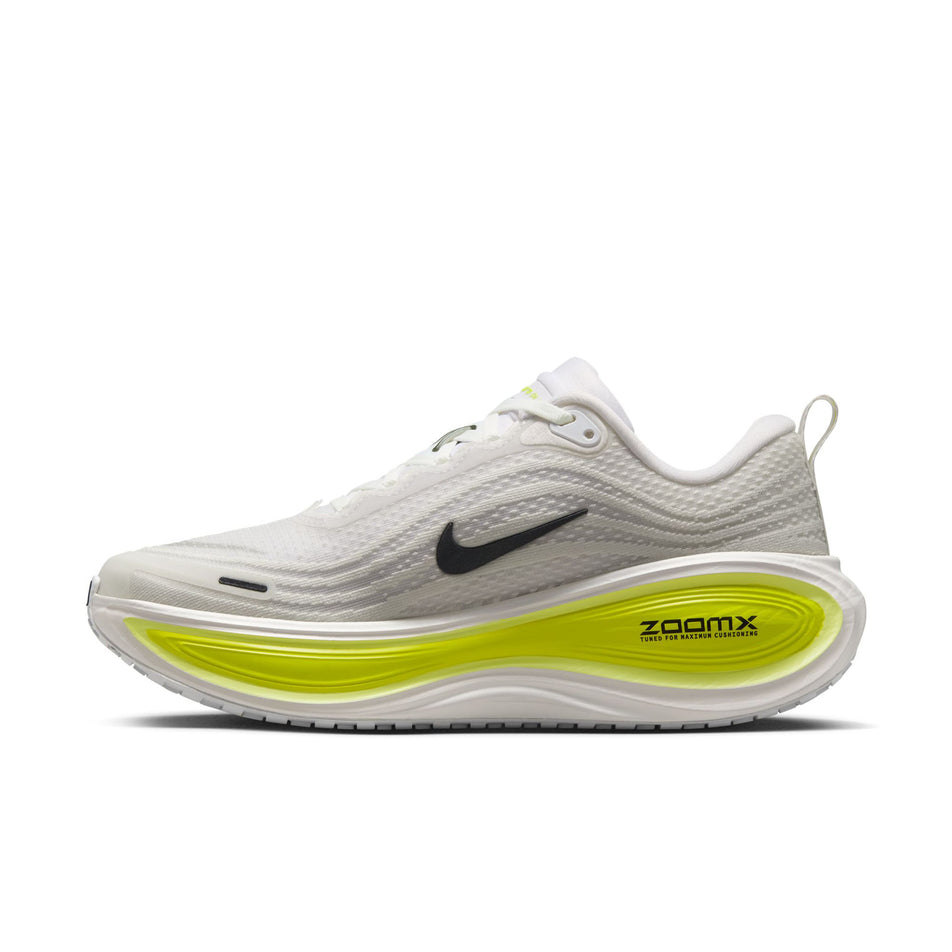 Medial view of the right shoe from a pair of Nike Women's Vomero Plus Road Running Shoes in the White/Black-Cyber-Light Lemon Twist colourway.