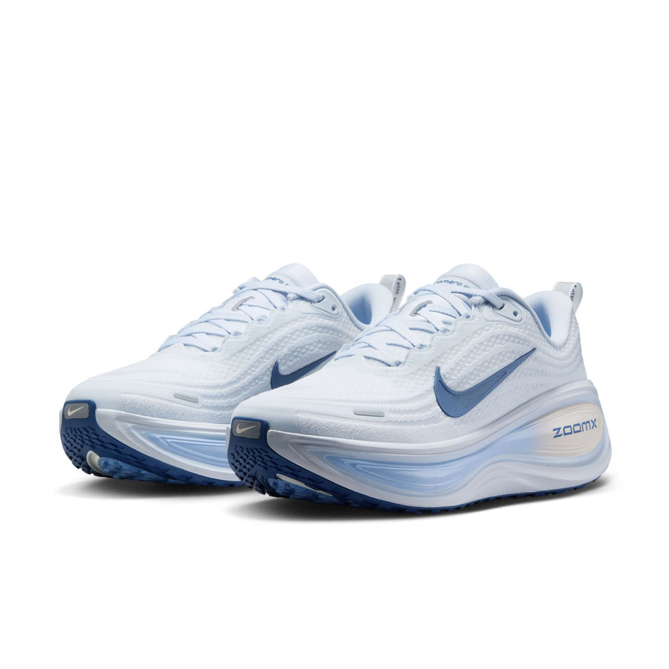 A pair of Nike Women's Vomero Plus Road Running Shoes in the White/Mystic Navy-Aluminum-Football Grey colourway.