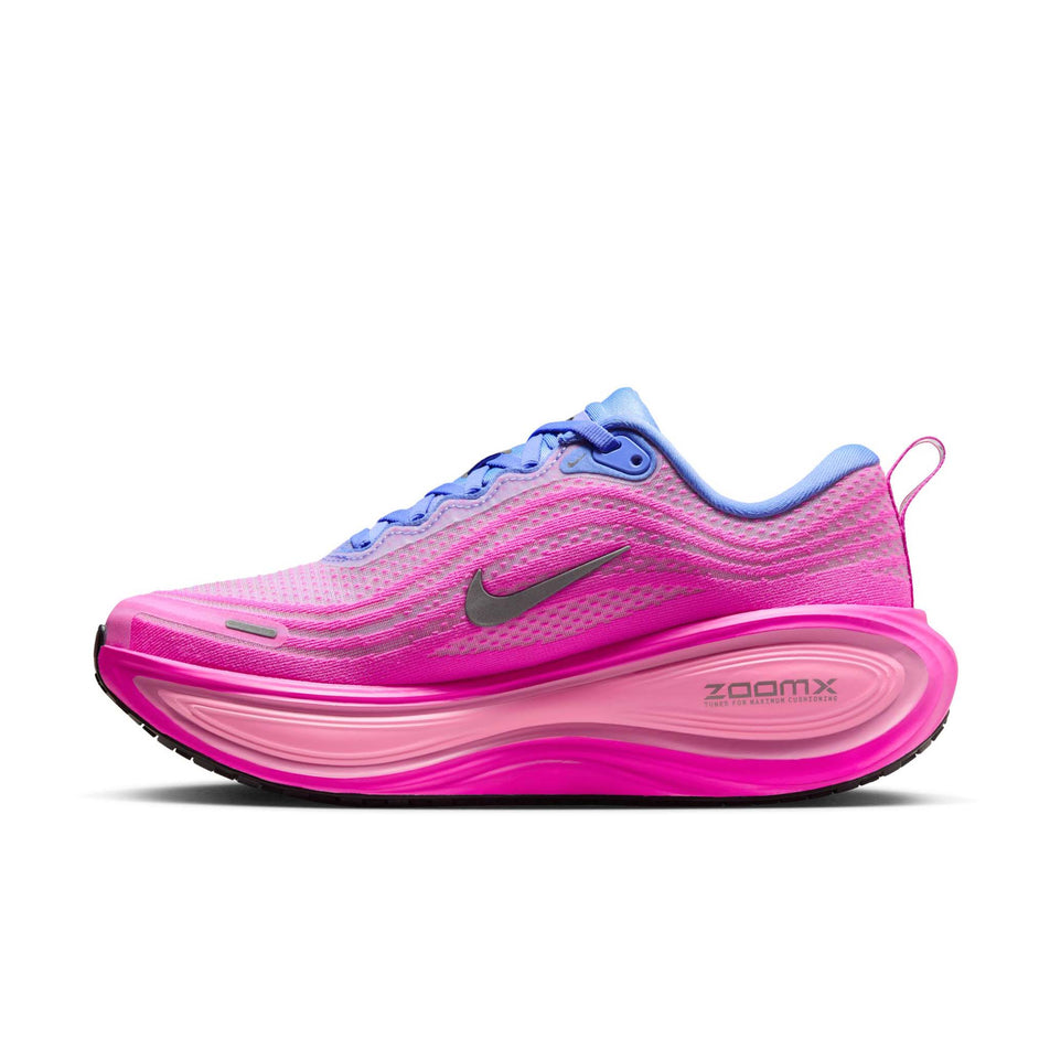 Medial view of the right shoe from a pair of Nike Women's Vomero Plus Road Running Shoes in the Royal Pulse/Metallic Dark Grey-Fire Pink colourway. (8725329608866)