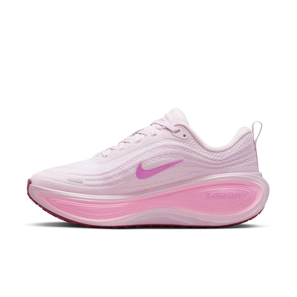 Medial view of the right shoe from a pair of Nike Women's Vomero Plus Road Running Shoes in the Bleached Lilac/Light Magenta-Pink Rise colourway.