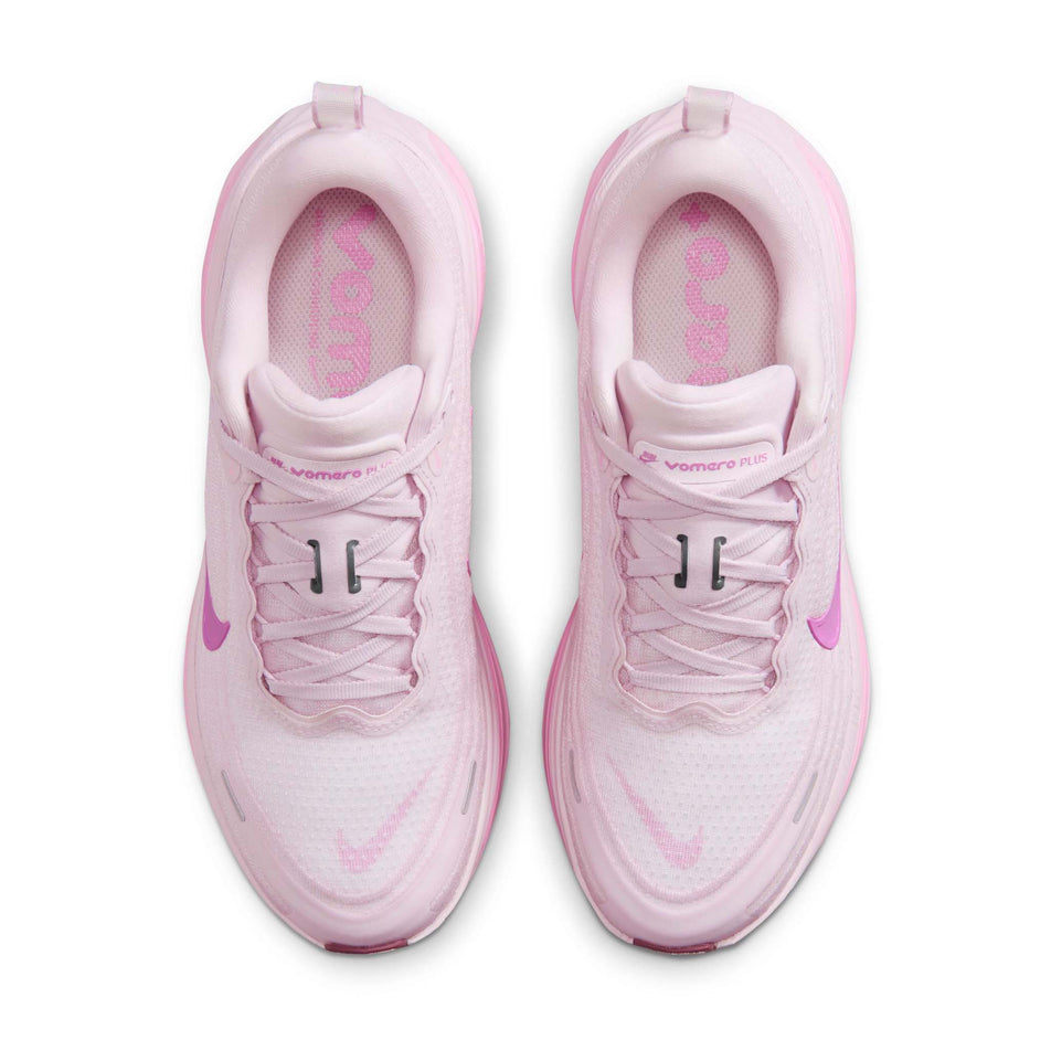 The uppers of a pair of Nike Women's Vomero Plus Road Running Shoes in the Bleached Lilac/Light Magenta-Pink Rise colourway.