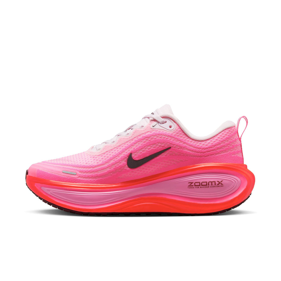 Medial view of the left shoe from a pair of Nike Women's Vomero Plus Road Running Shoes in the Hyper Pink/Burgundy Crush colourway. (8736251773090)