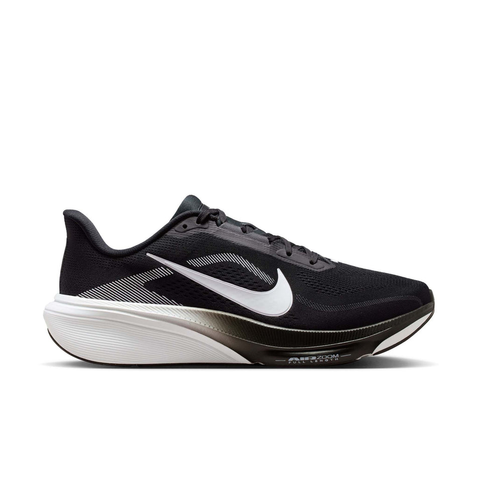 Lateral view of the right shoe from a pair of Nike Men's Pegasus 42 Road Running Shoes in the Black/White-Photon Dust colourway.