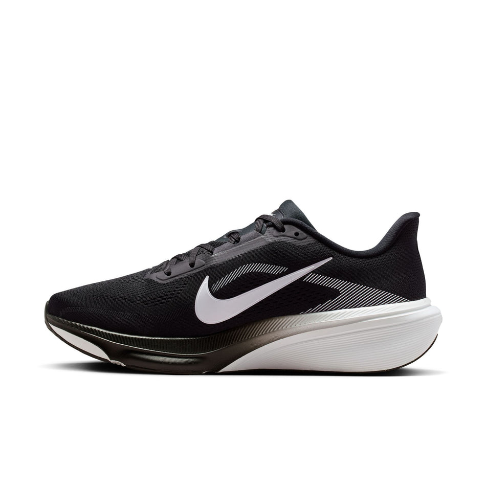 Medial view of the right shoe from a pair of Nike Men's Pegasus 42 Road Running Shoes in the Black/White-Photon Dust colourway.