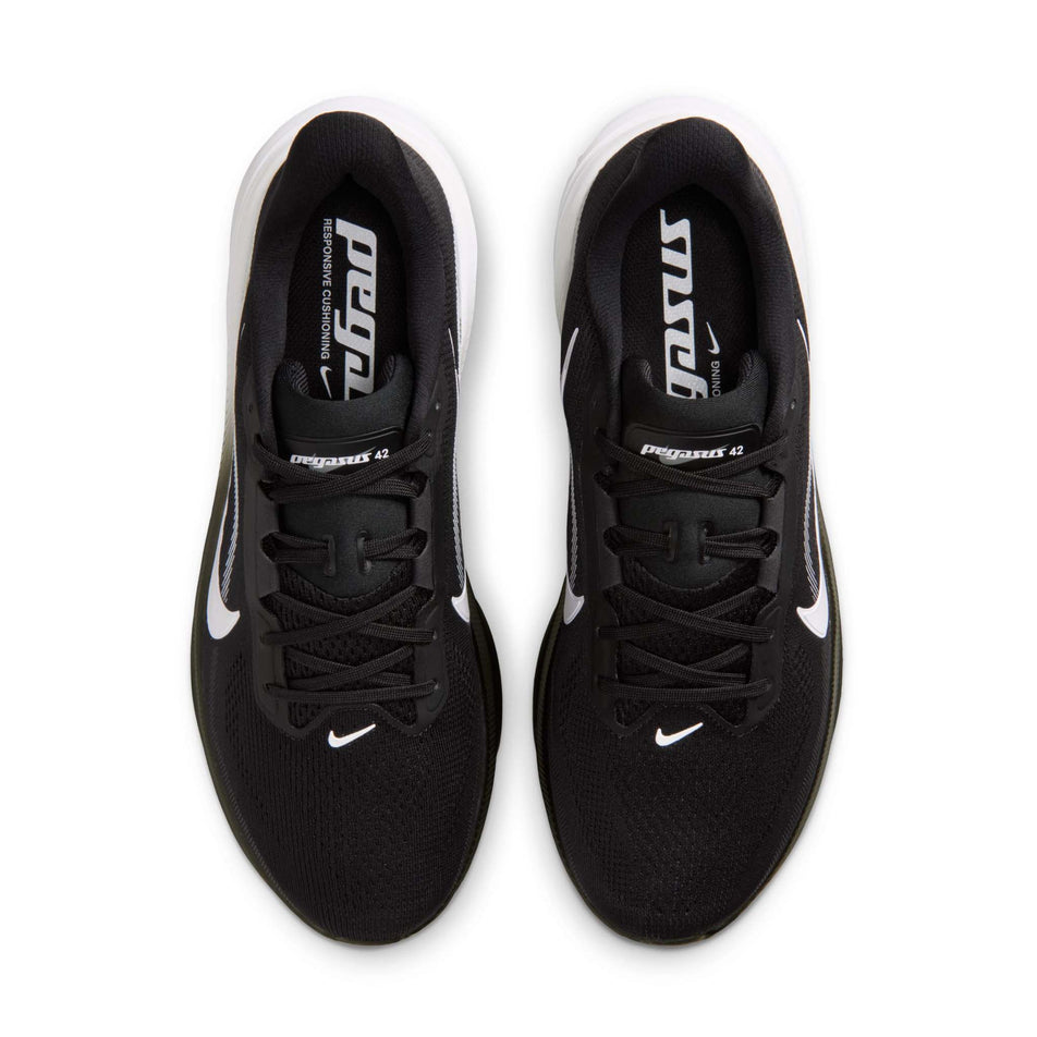 The uppers of a pair of Nike Men's Pegasus 42 Road Running Shoes in the Black/White-Photon Dust colourway.