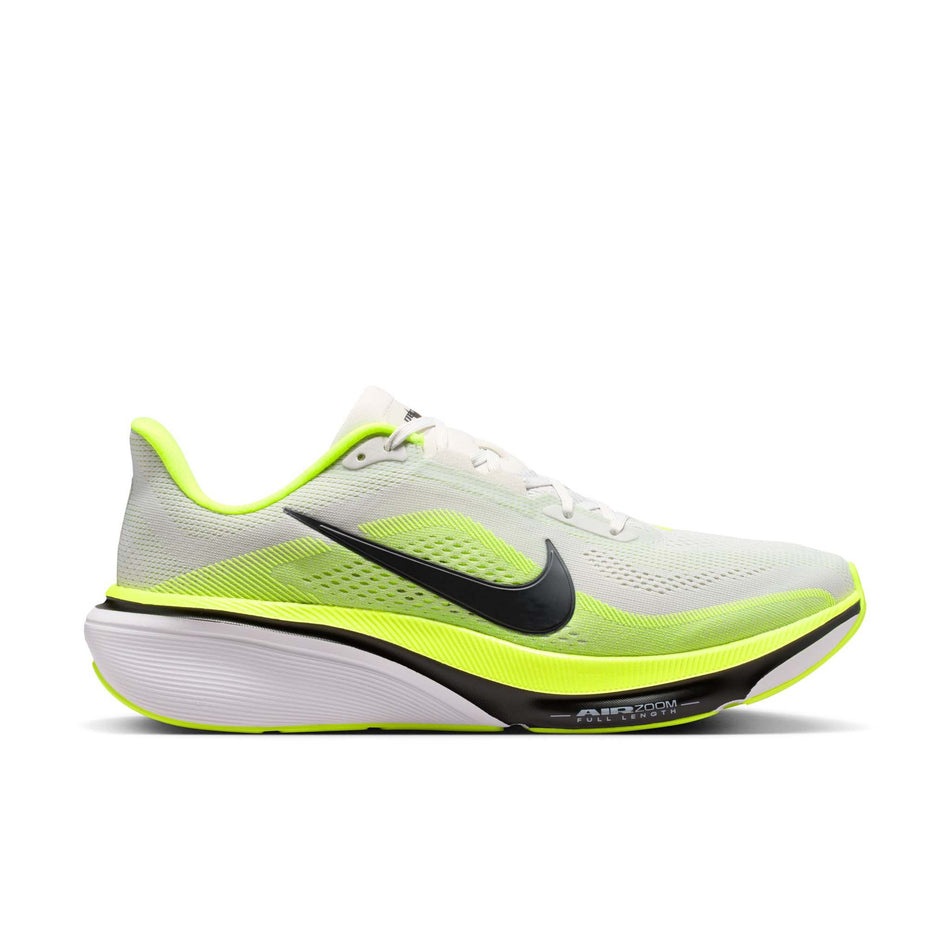 Lateral view of the right shoe from a pair of Nike Men's Pegasus 42 Road Running Shoes in the Photon Dust/Black-Volt-White colourway.