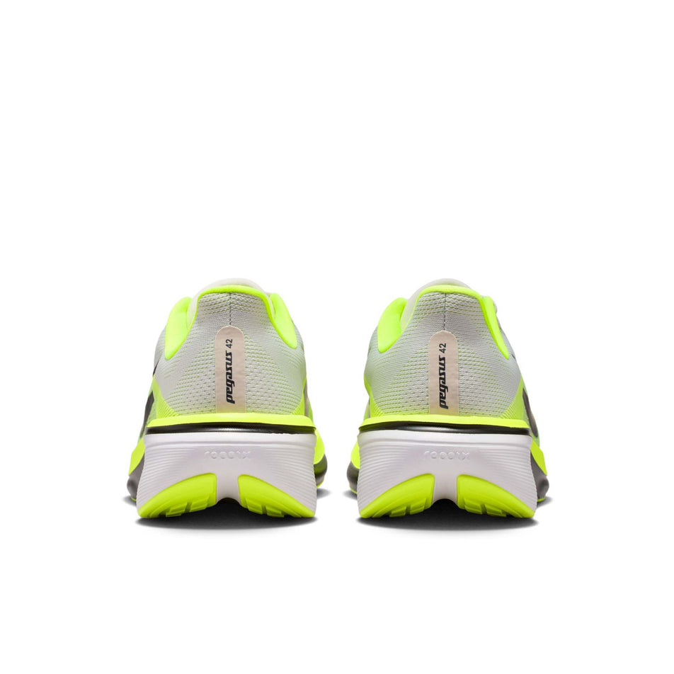 The back of a pair of Nike Men's Pegasus 42 Road Running Shoes in the Photon Dust/Black-Volt-White colourway.