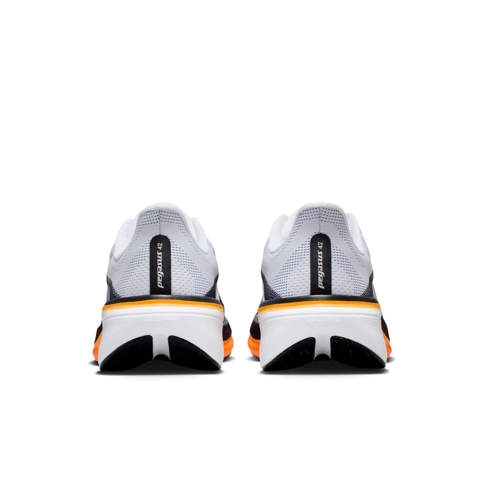 The back of a pair of Nike Men's Pegasus 42 Road Running Shoes in the White/Metallic Silver-Lapis-Total Orange colourway.