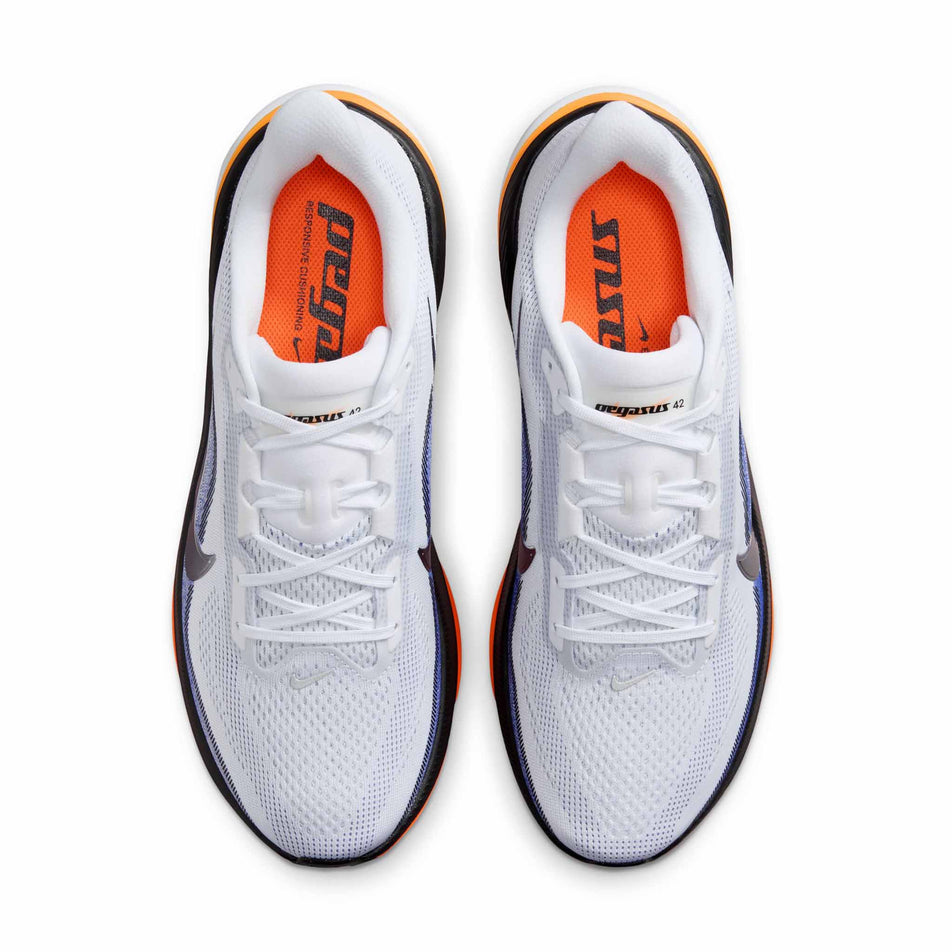 The uppers of a pair of Nike Men's Pegasus 42 Road Running Shoes in the White/Metallic Silver-Lapis-Total Orange colourway.