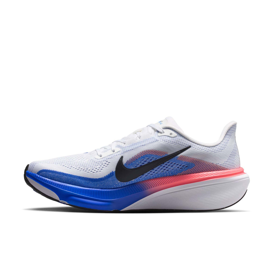 Medial view of the right shoe from a pair of Nike Men's Pegasus 42 Road Running Shoes in the White/Black-Racer Blue-Atomic Pink colourway.