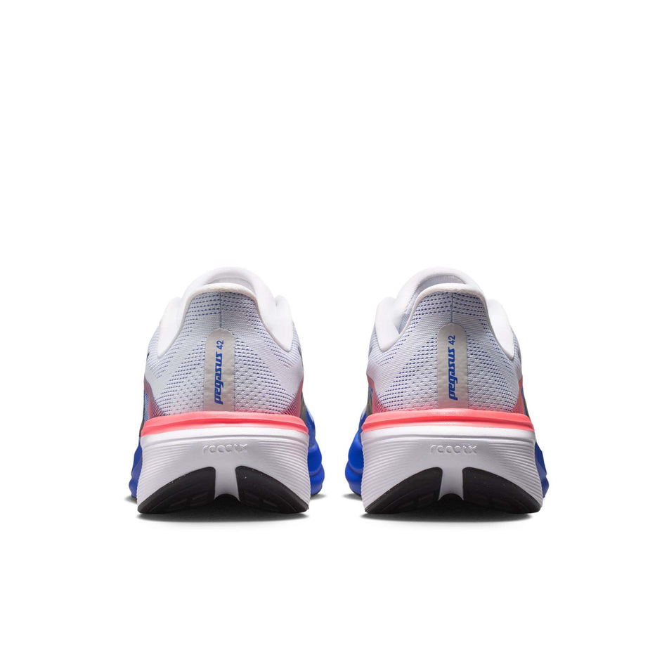 The back of a pair of Nike Men's Pegasus 42 Road Running Shoes in the White/Black-Racer Blue-Atomic Pink colourway.