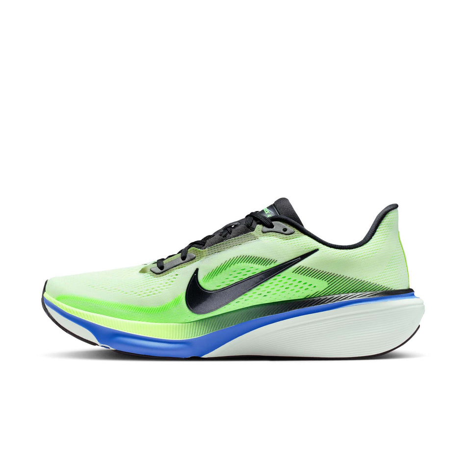 Medial view of the right shoe from a pair of Nike Men's Pegasus 42 Road Running Shoes in the Volt Tint/Black Spruce-Sapphire colourway.