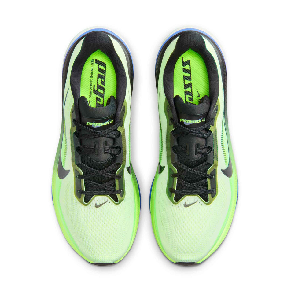 The uppers of a pair of Nike Men's Pegasus 42 Road Running Shoes in the Volt Tint/Black Spruce-Sapphire colourway.