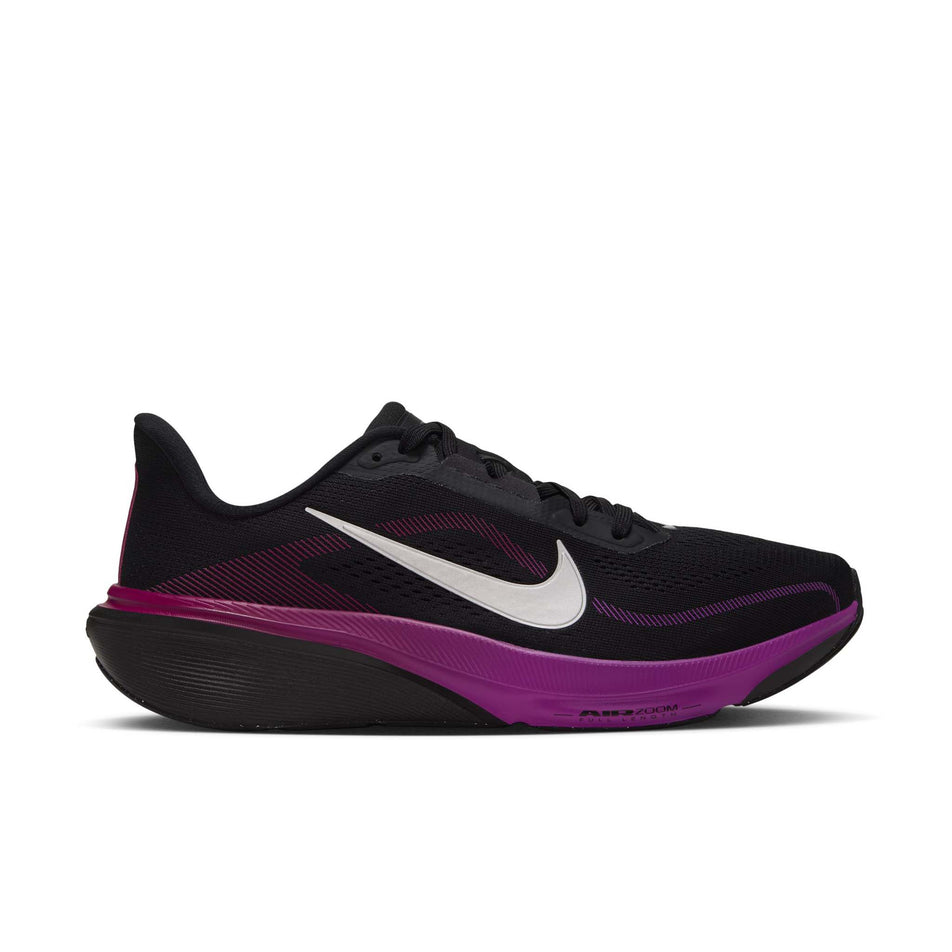 Lateral view of the right shoe from a pair of Nike Women's Pegasus 42 Road Running Shoes in the Black/Metallic Silver-Vivid Purple colourway.