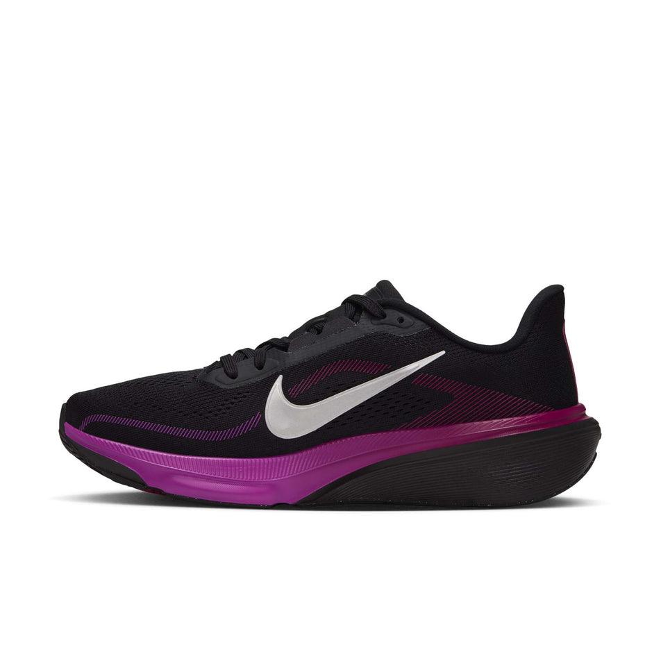 Medial view of the right shoe from a pair of Nike Women's Pegasus 42 Road Running Shoes in the Black/Metallic Silver-Vivid Purple colourway.