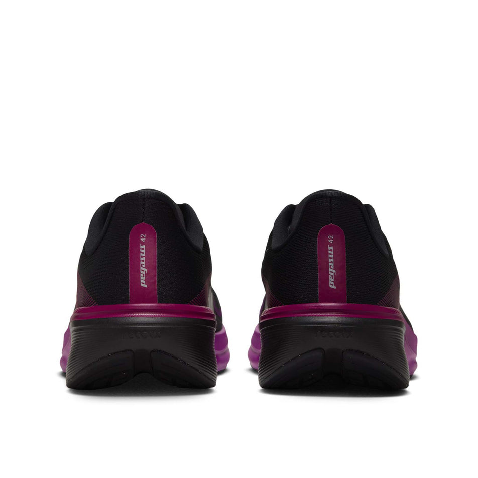 The back of a pair of Nike Women's Pegasus 42 Road Running Shoes in the Black/Metallic Silver-Vivid Purple colourway.
