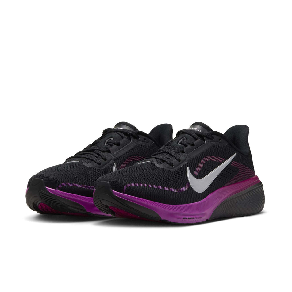 A pair of Nike Women's Pegasus 42 Road Running Shoes in the Black/Metallic Silver-Vivid Purple colourway.