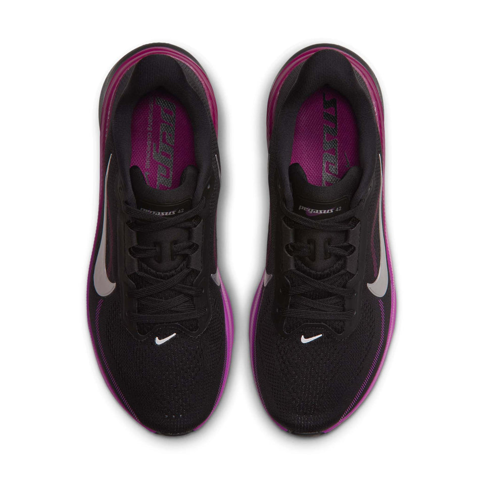The uppers of a pair of Nike Women's Pegasus 42 Road Running Shoes in the Black/Metallic Silver-Vivid Purple colourway.