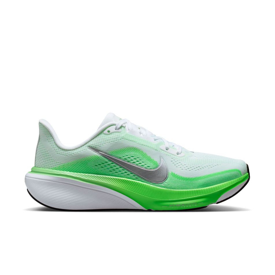 Lateral view of the right shoe from a pair of Nike Women's Pegasus 42 Road Running Shoes in the White/Metallic Silver-Green Strike colourway.