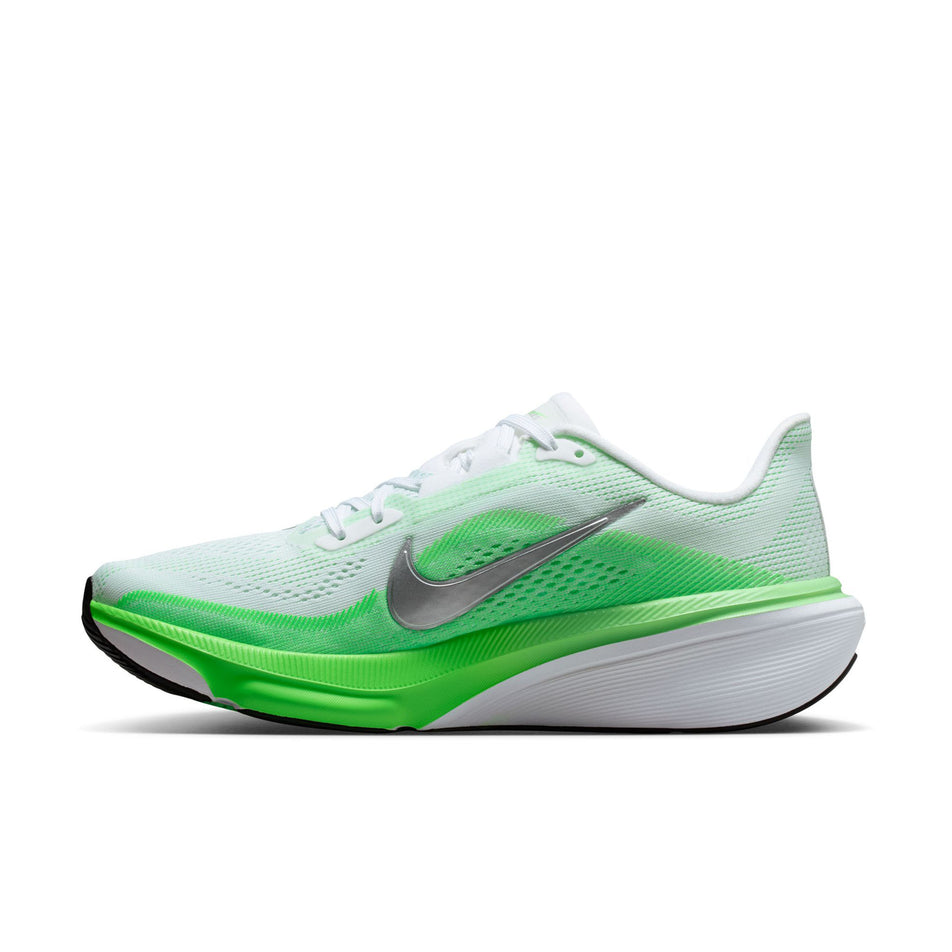 Medial view of the right shoe from a pair of Nike Women's Pegasus 42 Road Running Shoes in the White/Metallic Silver-Green Strike colourway.