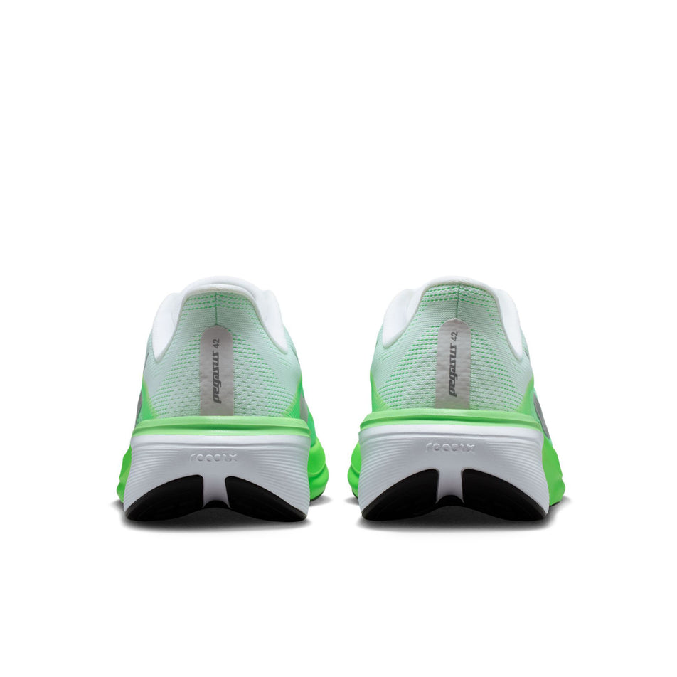 The back of a pair of Nike Women's Pegasus 42 Road Running Shoes in the White/Metallic Silver-Green Strike colourway.