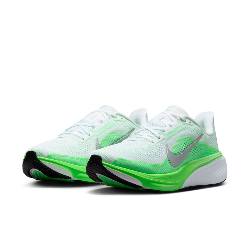 A pair of Nike Women's Pegasus 42 Road Running Shoes in the White/Metallic Silver-Green Strike colourway.