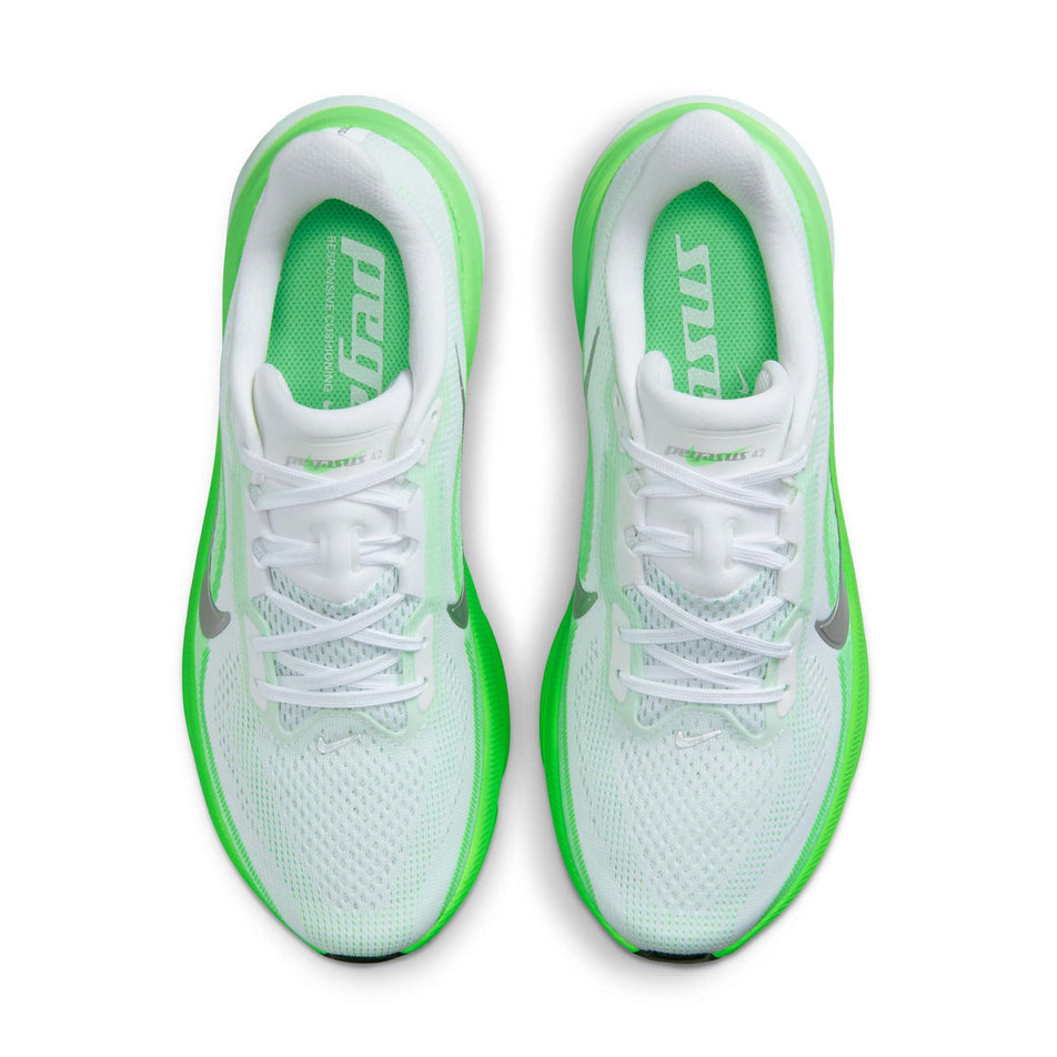 The uppers of a pair of Nike Women's Pegasus 42 Road Running Shoes in the White/Metallic Silver-Green Strike colourway.