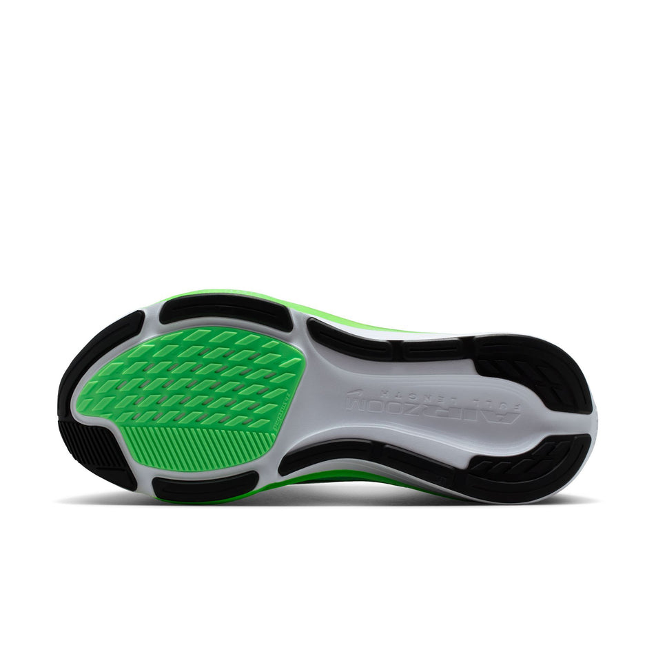 The outsole of the left shoe from a pair of Nike Women's Pegasus 42 Road Running Shoes in the White/Metallic Silver-Green Strike colourway.