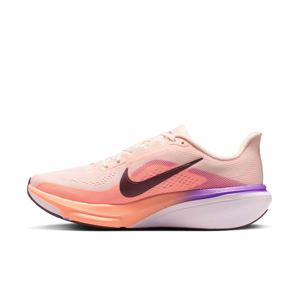 Medial view of the right shoe from a pair of Nike Women's Pegasus 42 Road Running Shoes in the Chalk/Tattoo-Orange Pulse-Bright Violet colourway.