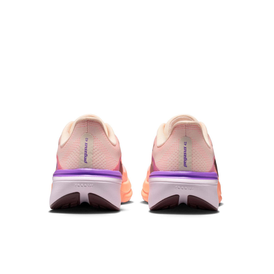 The back of a pair of Nike Women's Pegasus 42 Road Running Shoes in the Chalk/Tattoo-Orange Pulse-Bright Violet colourway.