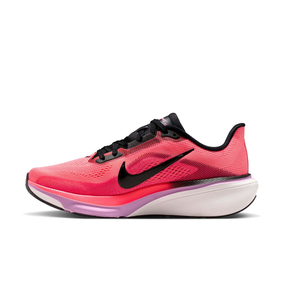 Medial view of the right shoe from a pair of Nike Women's Pegasus 42 Road Running Shoes in the Lava Glow/Black-Flash Crimson-Light Magenta colourway.