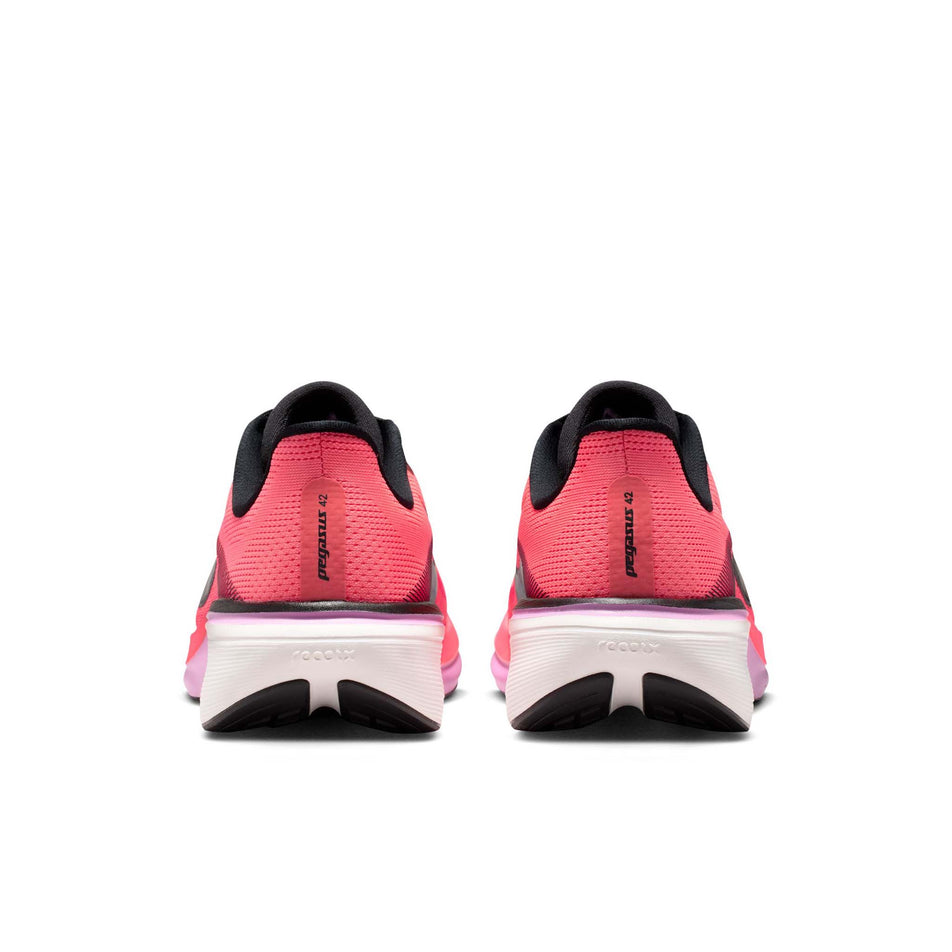 The back of a pair of Nike Women's Pegasus 42 Road Running Shoes in the Lava Glow/Black-Flash Crimson-Light Magenta colourway.