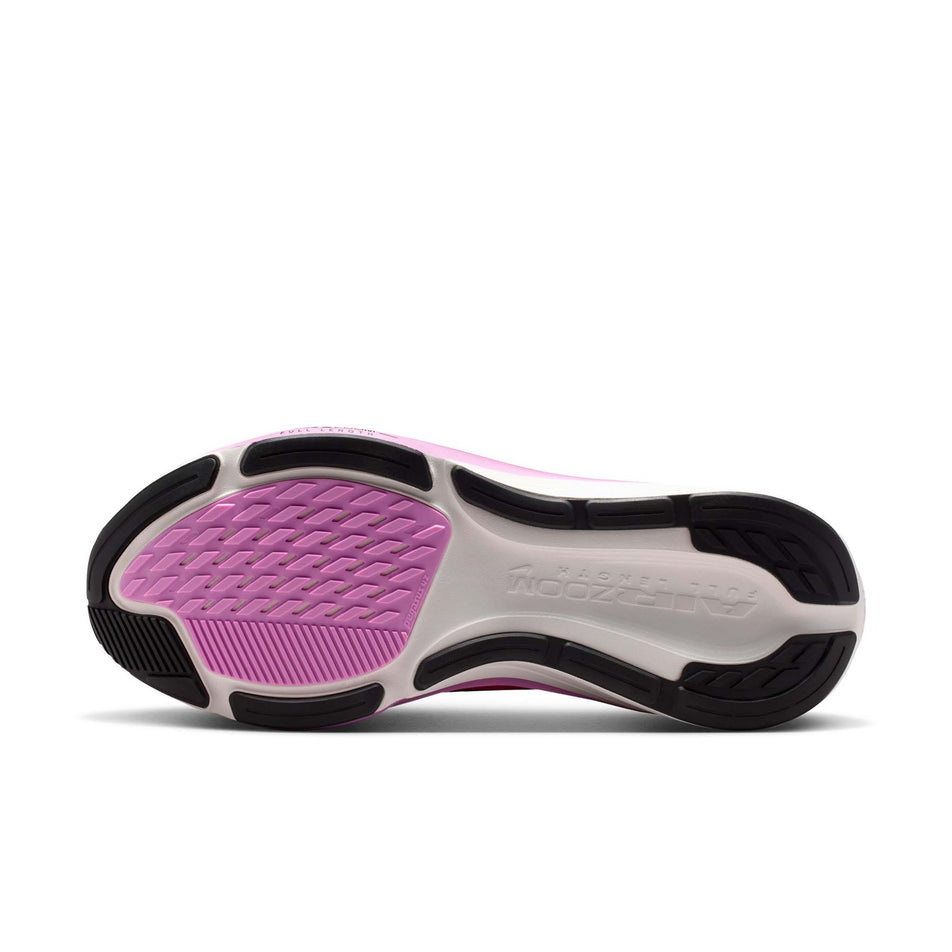 The outsole of the left shoe from a pair of Nike Women's Pegasus 42 Road Running Shoes in the Lava Glow/Black-Flash Crimson-Light Magenta colourway.