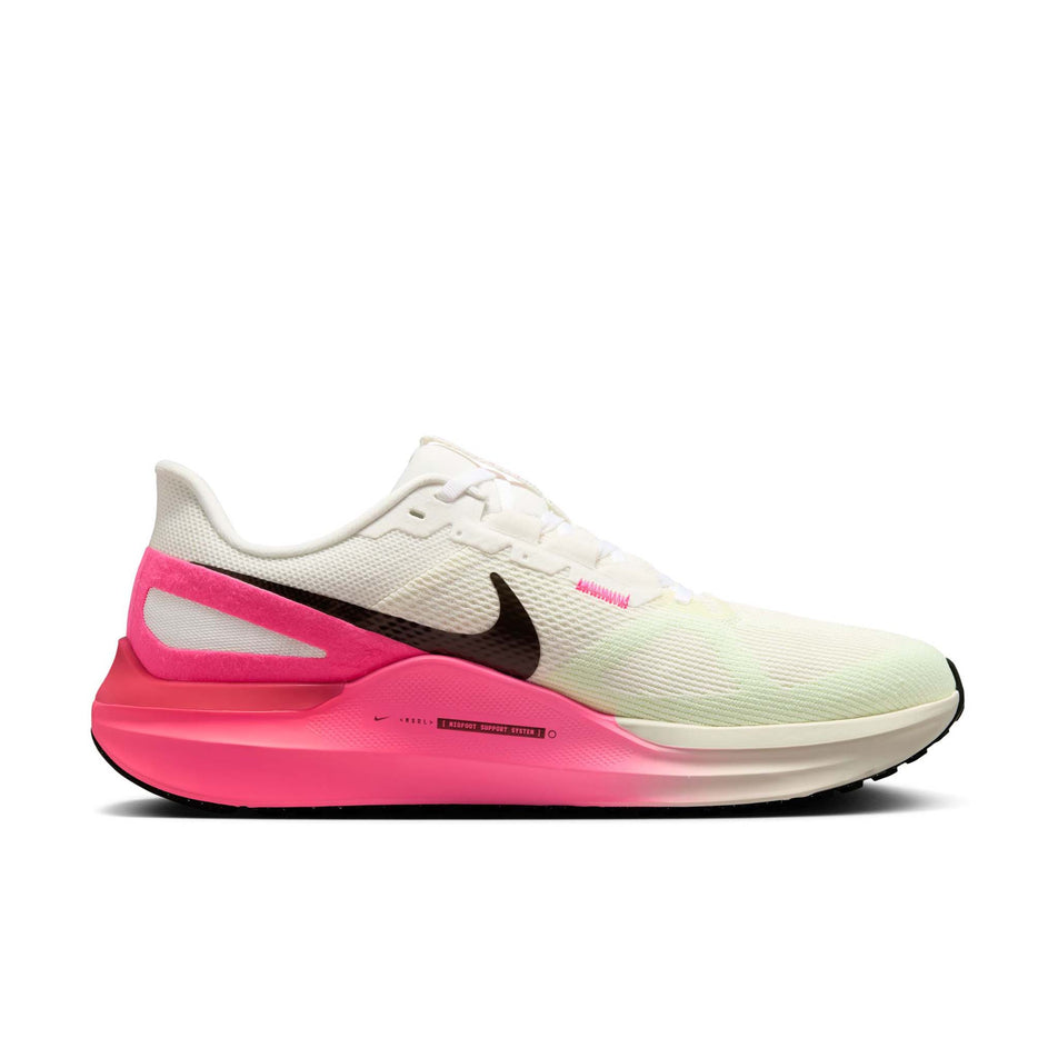 Medial view of the left shoe from a pair of Nike Men's Structure 25 Road Running Shoes in the Sail/Sequoia-Hyper Pink-Bright Crimson colourway. (8614517276834)