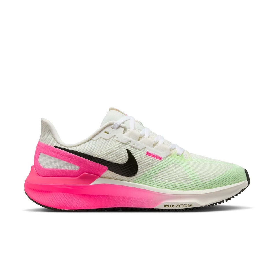 Lateral view of the right shoe from a pair of Nike Women's Structure 25 Road Running Shoes in the Sail/Sequoia-Hyper Pink-Bright Crimson colourway. (8615649837218)