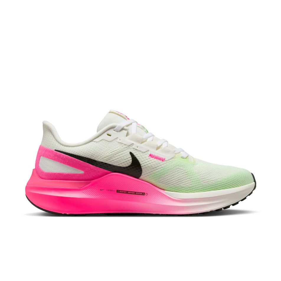 Medial view of the left shoe from a pair of Nike Women's Structure 25 Road Running Shoes in the Sail/Sequoia-Hyper Pink-Bright Crimson colourway. (8615649837218)
