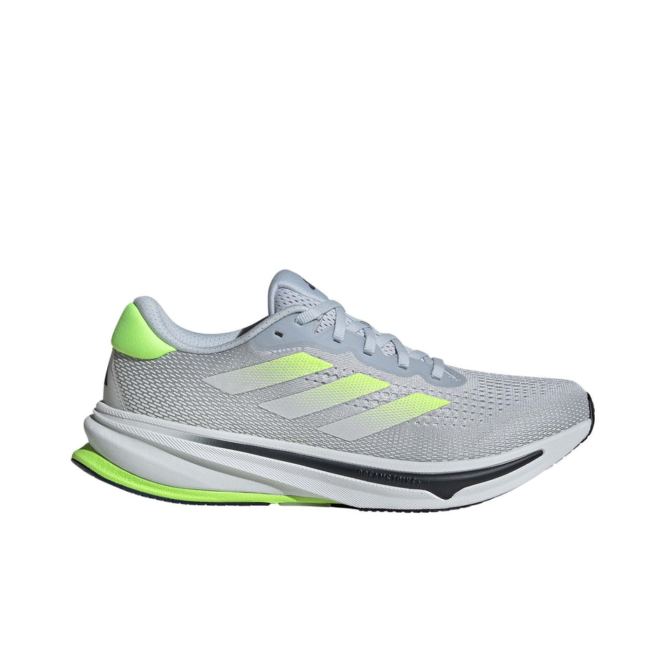 Lateral side of the right shoe from a pair of adidas Men's Supernova Solution Running Shoes in the Halo Blue/Lucid Lemon/Crystal White colourway (8339205882018)