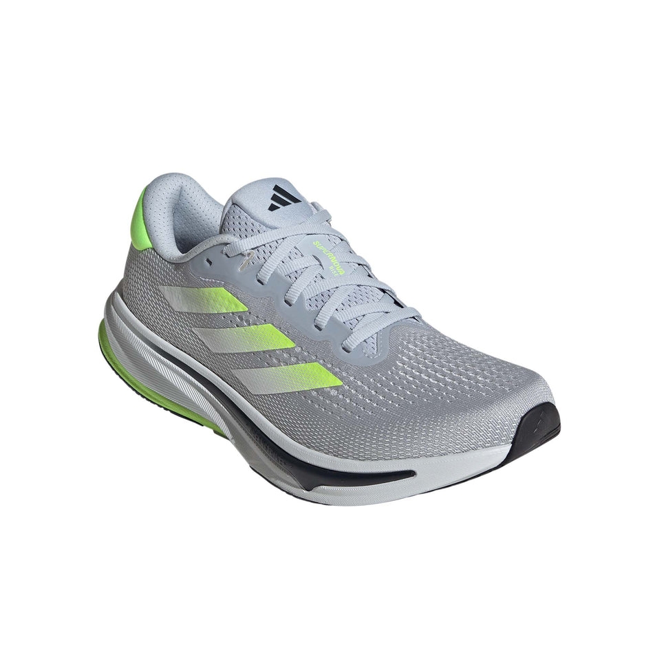 Lateral side of the right shoe from a pair of adidas Men's Supernova Solution Running Shoes in the Halo Blue/Lucid Lemon/Crystal White colourway (8339205882018)